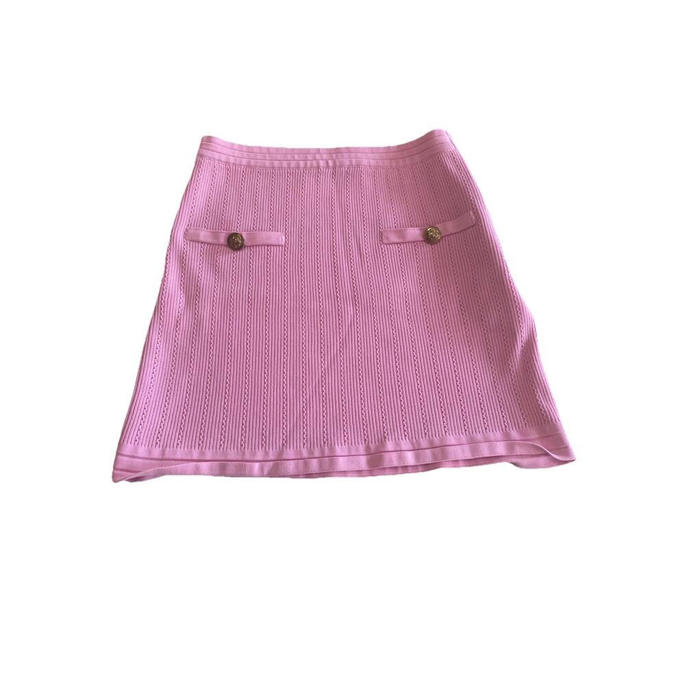 zara pink ribbed cardigan skirt set gold buttons sz L classic DC lady jacket - Picture 7 of 10